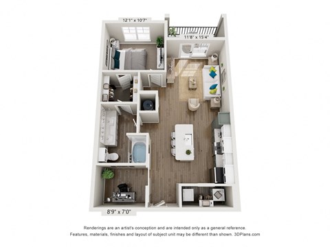 Floor plan for 1 bed, 1 bath, 876 sqft